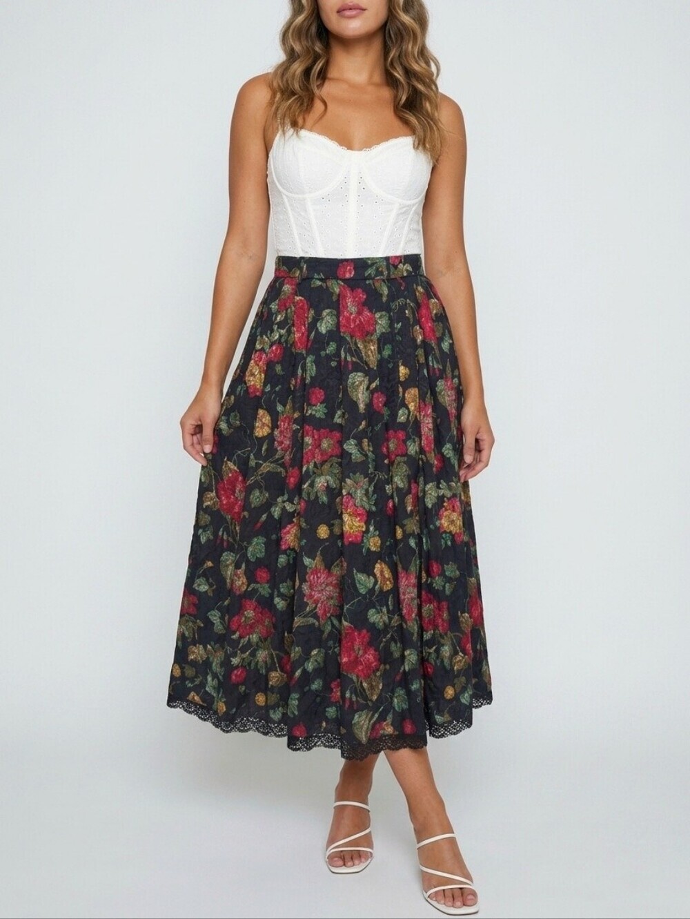 Vintage Floral Jacquard Pleated Midi Skirt Lace Hem Romantic Boho Cottage EU 42